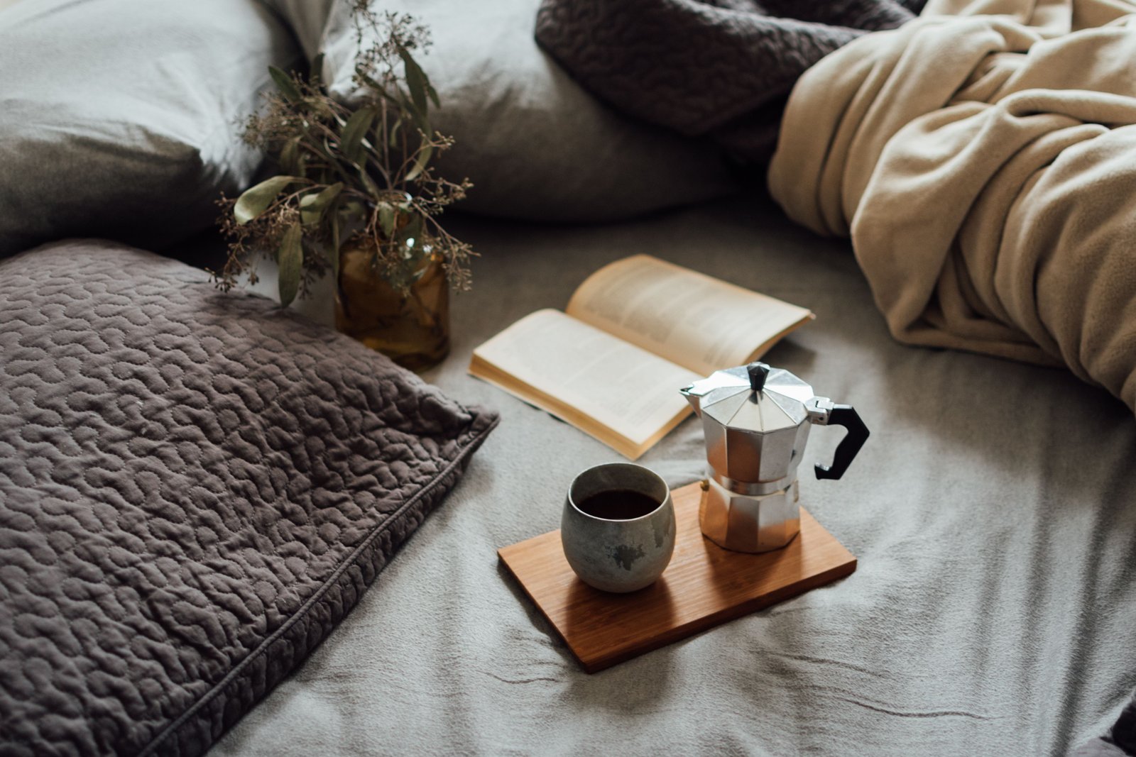 Ambiance apaisante de chambre avec livre, branches d'eucalyptus et lumière douce